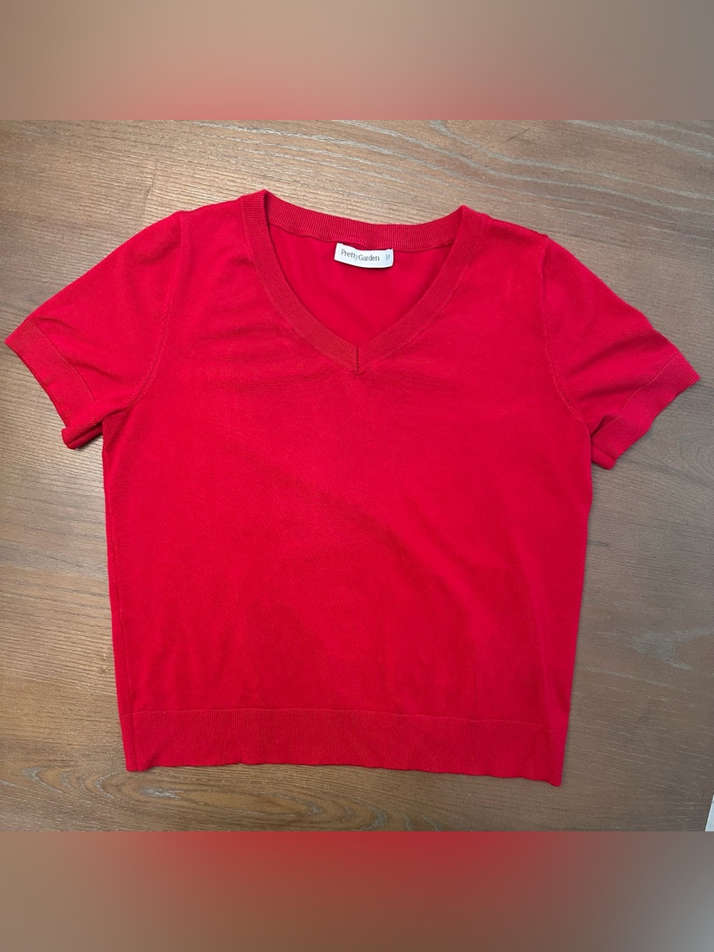 Pretty Garden Red V-Neck Short Sleeve Top for Women